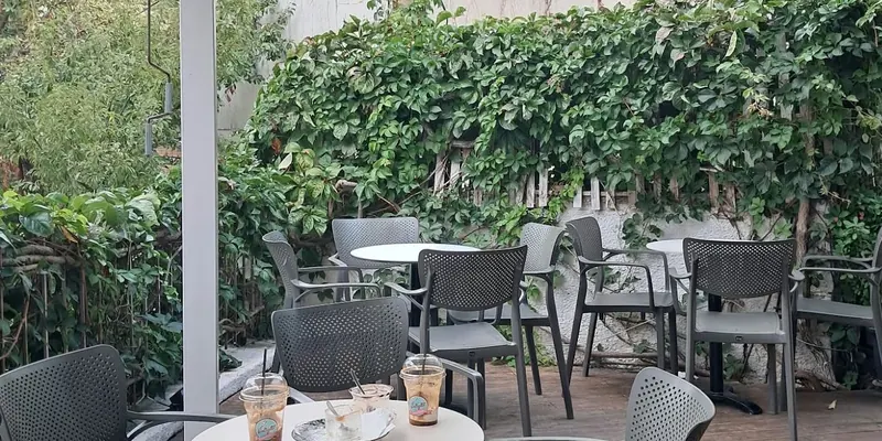 The garden terrace with grey chairs, ivy and two frappes on a table